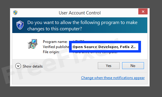 Screenshot where Open Source Developer, Fotis Zafiropoulos - Open Source Developer appears as the verified publisher in the UAC dialog